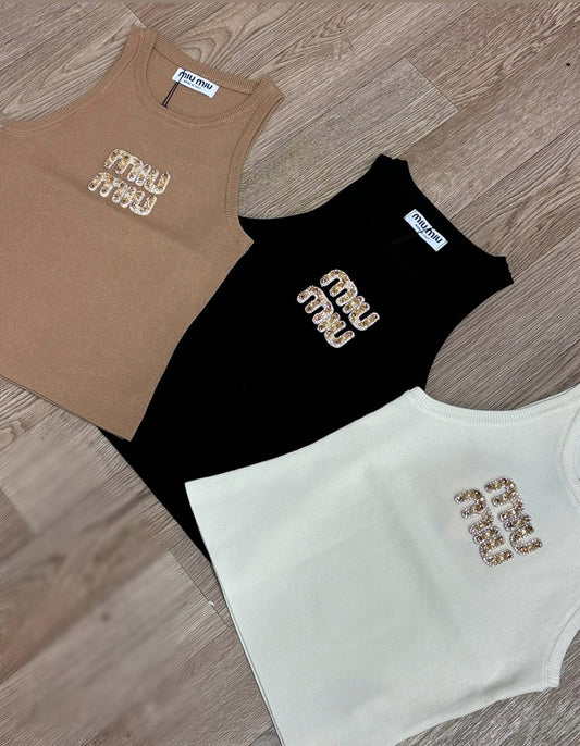 Brown, Black & White vest top