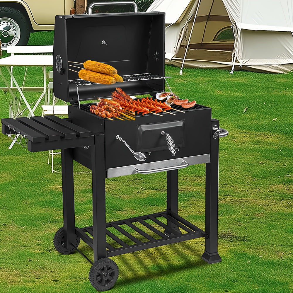 Large Outdoor Grill with 2 Caster Wheels - Heavy-Duty Cast Iron Construction, Foldable Compact Design, Built-in Thermometer & Multi-Level Cooking - Includes 2 Grates, Ash Pan & Storage Racks for Indoor/Outdoor Use, Camping, Patio, Garden, Grilling Accesso