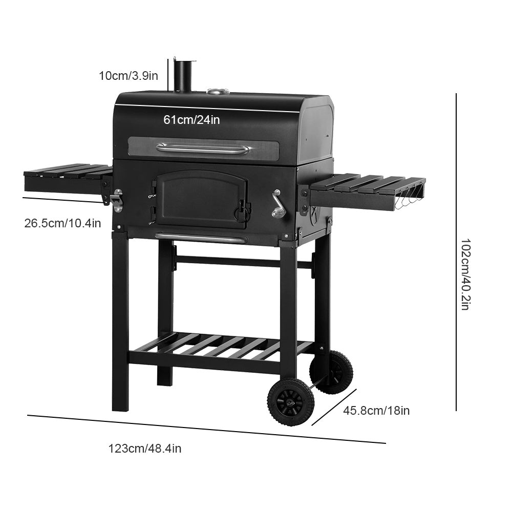 Large Outdoor Grill with 2 Caster Wheels - Heavy-Duty Cast Iron Construction, Foldable Compact Design, Built-in Thermometer & Multi-Level Cooking - Includes 2 Grates, Ash Pan & Storage Racks for Indoor/Outdoor Use, Camping, Patio, Garden, Grilling Accesso