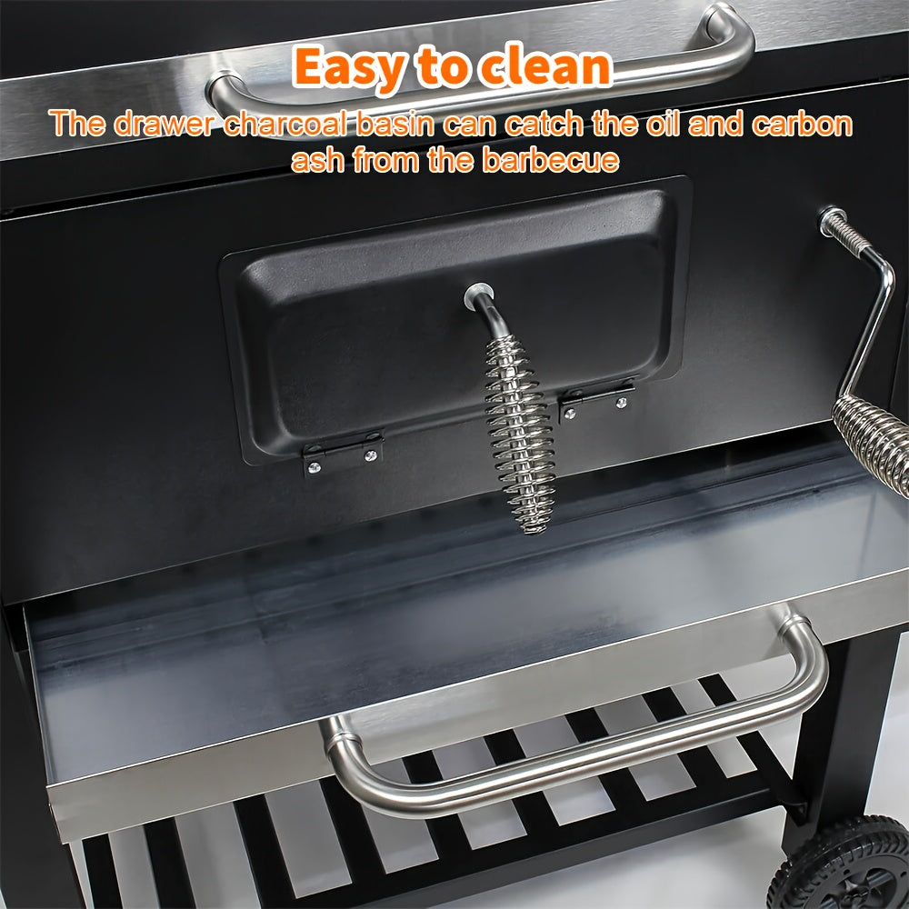 Large Outdoor Grill with 2 Caster Wheels - Heavy-Duty Cast Iron Construction, Foldable Compact Design, Built-in Thermometer & Multi-Level Cooking - Includes 2 Grates, Ash Pan & Storage Racks for Indoor/Outdoor Use, Camping, Patio, Garden, Grilling Accesso