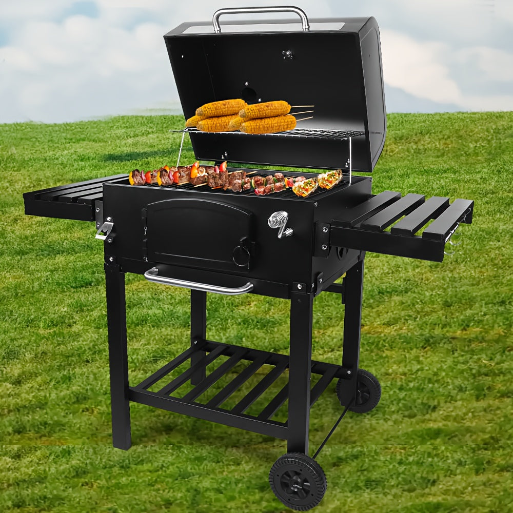 Large Outdoor Grill with 2 Caster Wheels - Heavy-Duty Cast Iron Construction, Foldable Compact Design, Built-in Thermometer & Multi-Level Cooking - Includes 2 Grates, Ash Pan & Storage Racks for Indoor/Outdoor Use, Camping, Patio, Garden, Grilling Accesso