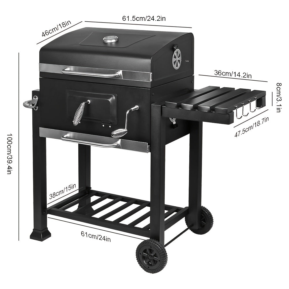 Large Outdoor Grill with 2 Caster Wheels - Heavy-Duty Cast Iron Construction, Foldable Compact Design, Built-in Thermometer & Multi-Level Cooking - Includes 2 Grates, Ash Pan & Storage Racks for Indoor/Outdoor Use, Camping, Patio, Garden, Grilling Accesso