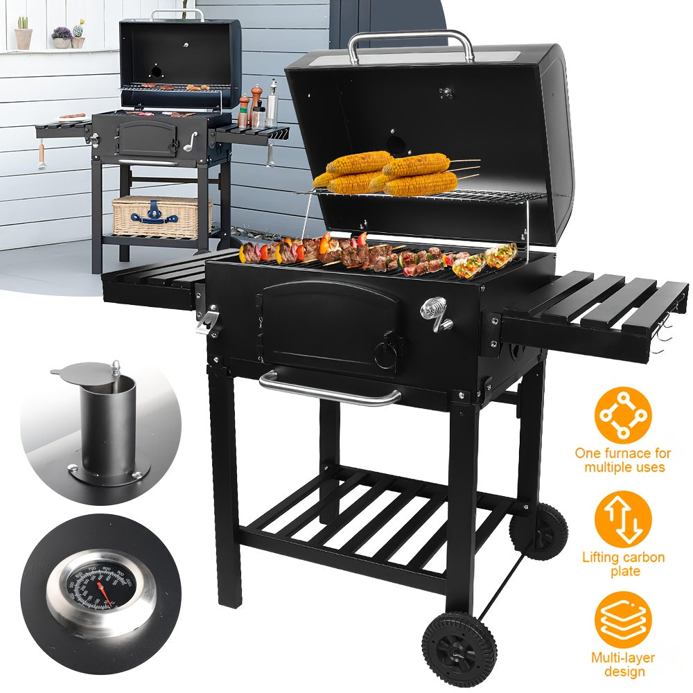 Large Outdoor Grill with 2 Caster Wheels - Heavy-Duty Cast Iron Construction, Foldable Compact Design, Built-in Thermometer & Multi-Level Cooking - Includes 2 Grates, Ash Pan & Storage Racks for Indoor/Outdoor Use, Camping, Patio, Garden, Grilling Accesso