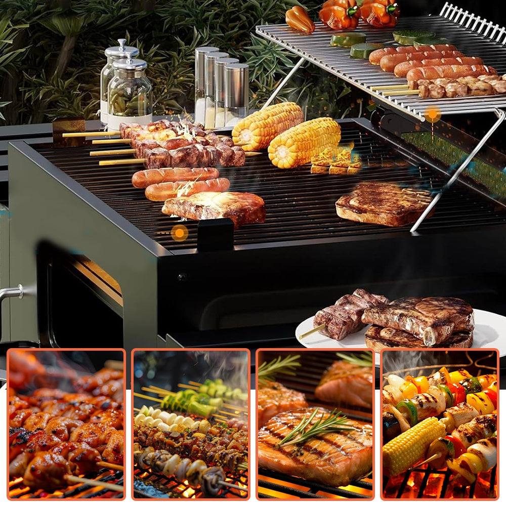 Large Outdoor Grill with 2 Caster Wheels - Heavy-Duty Cast Iron Construction, Foldable Compact Design, Built-in Thermometer & Multi-Level Cooking - Includes 2 Grates, Ash Pan & Storage Racks for Indoor/Outdoor Use, Camping, Patio, Garden, Grilling Accesso