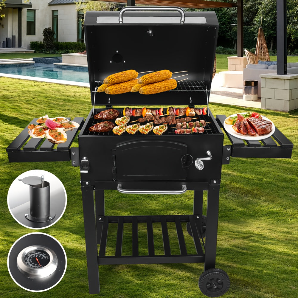 Large Outdoor Grill with 2 Caster Wheels - Heavy-Duty Cast Iron Construction, Foldable Compact Design, Built-in Thermometer & Multi-Level Cooking - Includes 2 Grates, Ash Pan & Storage Racks for Indoor/Outdoor Use, Camping, Patio, Garden, Grilling Accesso