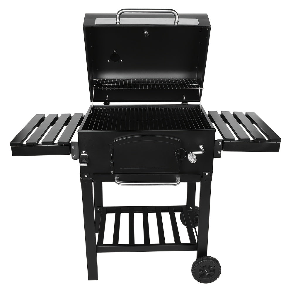 Large Outdoor Grill with 2 Caster Wheels - Heavy-Duty Cast Iron Construction, Foldable Compact Design, Built-in Thermometer & Multi-Level Cooking - Includes 2 Grates, Ash Pan & Storage Racks for Indoor/Outdoor Use, Camping, Patio, Garden, Grilling Accesso
