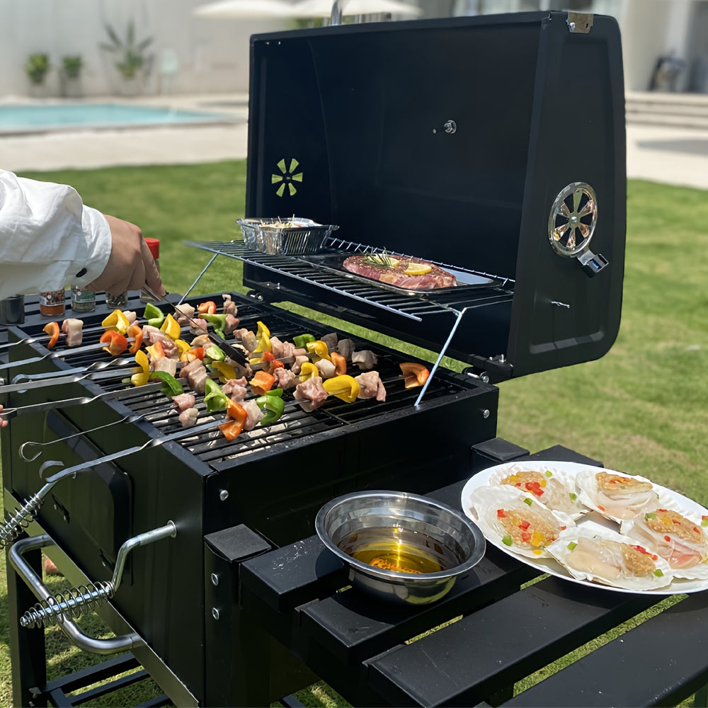 Large Outdoor Grill with 2 Caster Wheels - Heavy-Duty Cast Iron Construction, Foldable Compact Design, Built-in Thermometer & Multi-Level Cooking - Includes 2 Grates, Ash Pan & Storage Racks for Indoor/Outdoor Use, Camping, Patio, Garden, Grilling Accesso