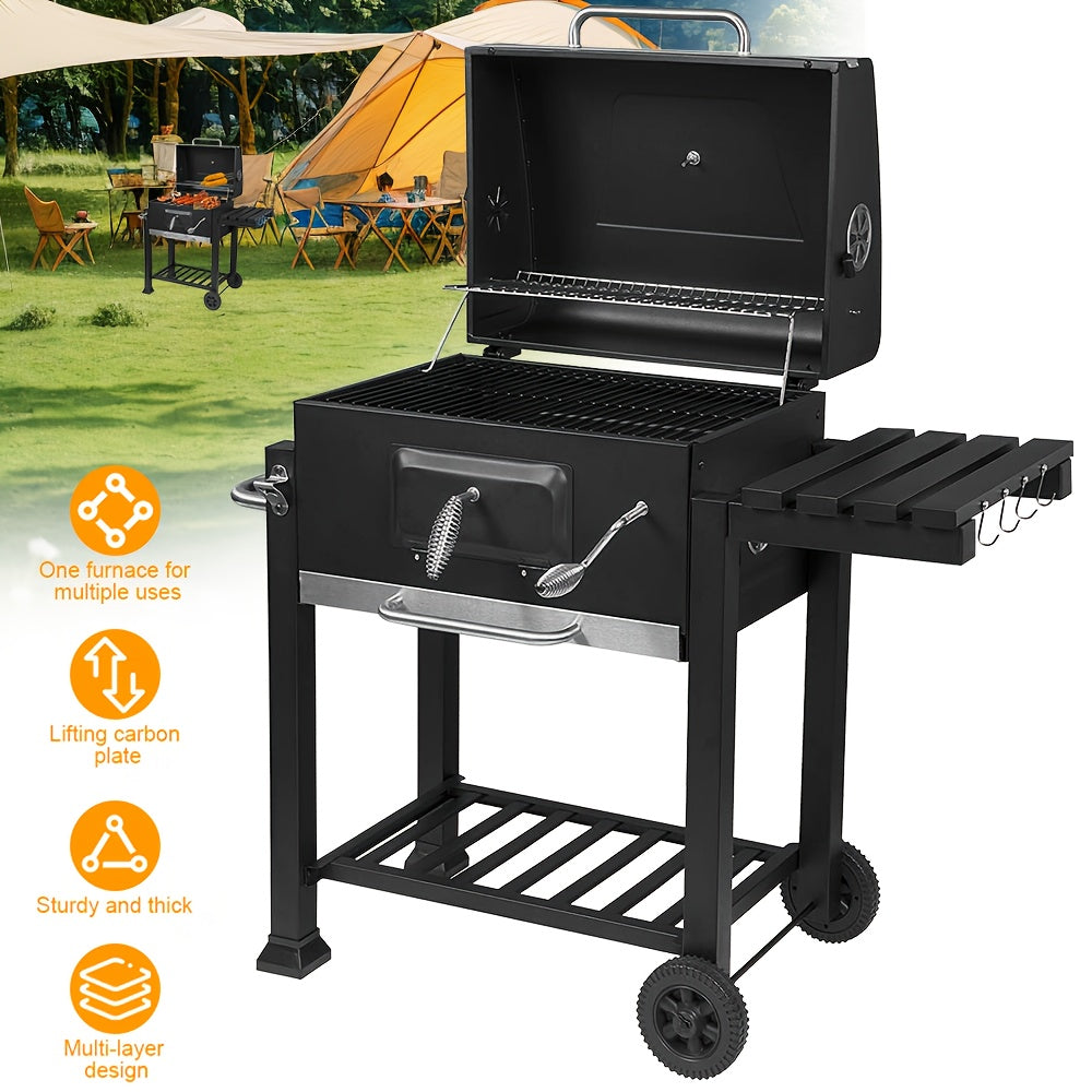 Large Outdoor Grill with 2 Caster Wheels - Heavy-Duty Cast Iron Construction, Foldable Compact Design, Built-in Thermometer & Multi-Level Cooking - Includes 2 Grates, Ash Pan & Storage Racks for Indoor/Outdoor Use, Camping, Patio, Garden, Grilling Accesso